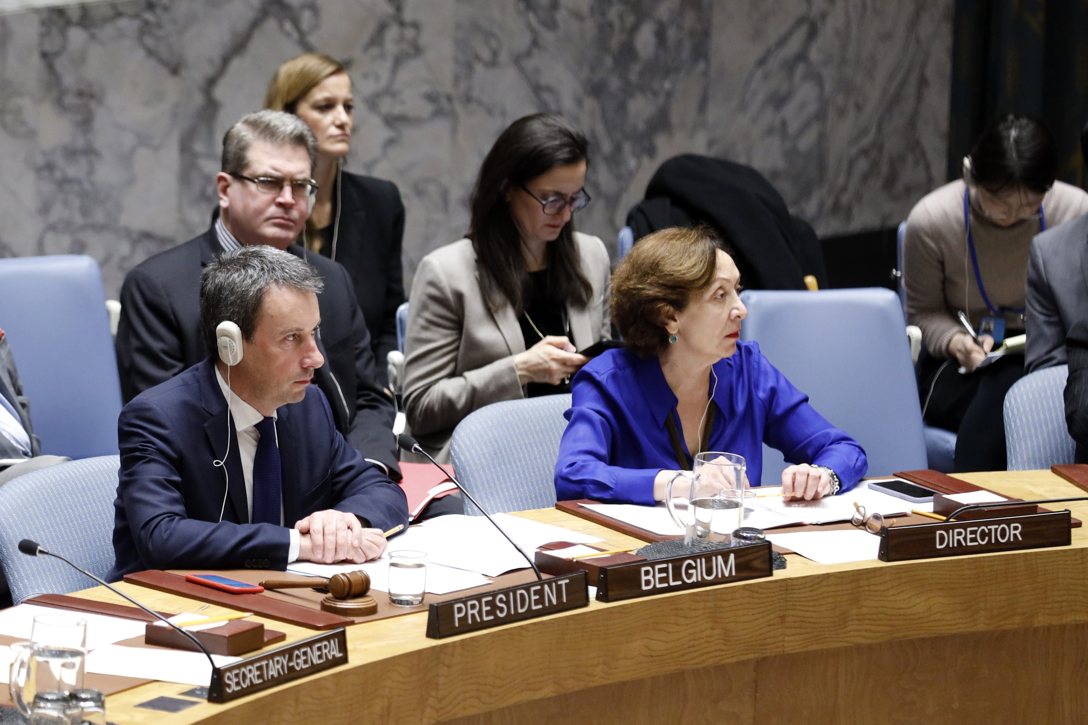 Bộ trưởng Ngoại giao và Quốc phòng Bỉ Philippe Goffin (trái, phía trước) chủ trì phiên họp Hội đồng Bảo an Liên hợp quốc về tình hình Trung Đông tại New York, Mỹ, ngày 11/2/2020. (Ảnh: THX/TTXVN)