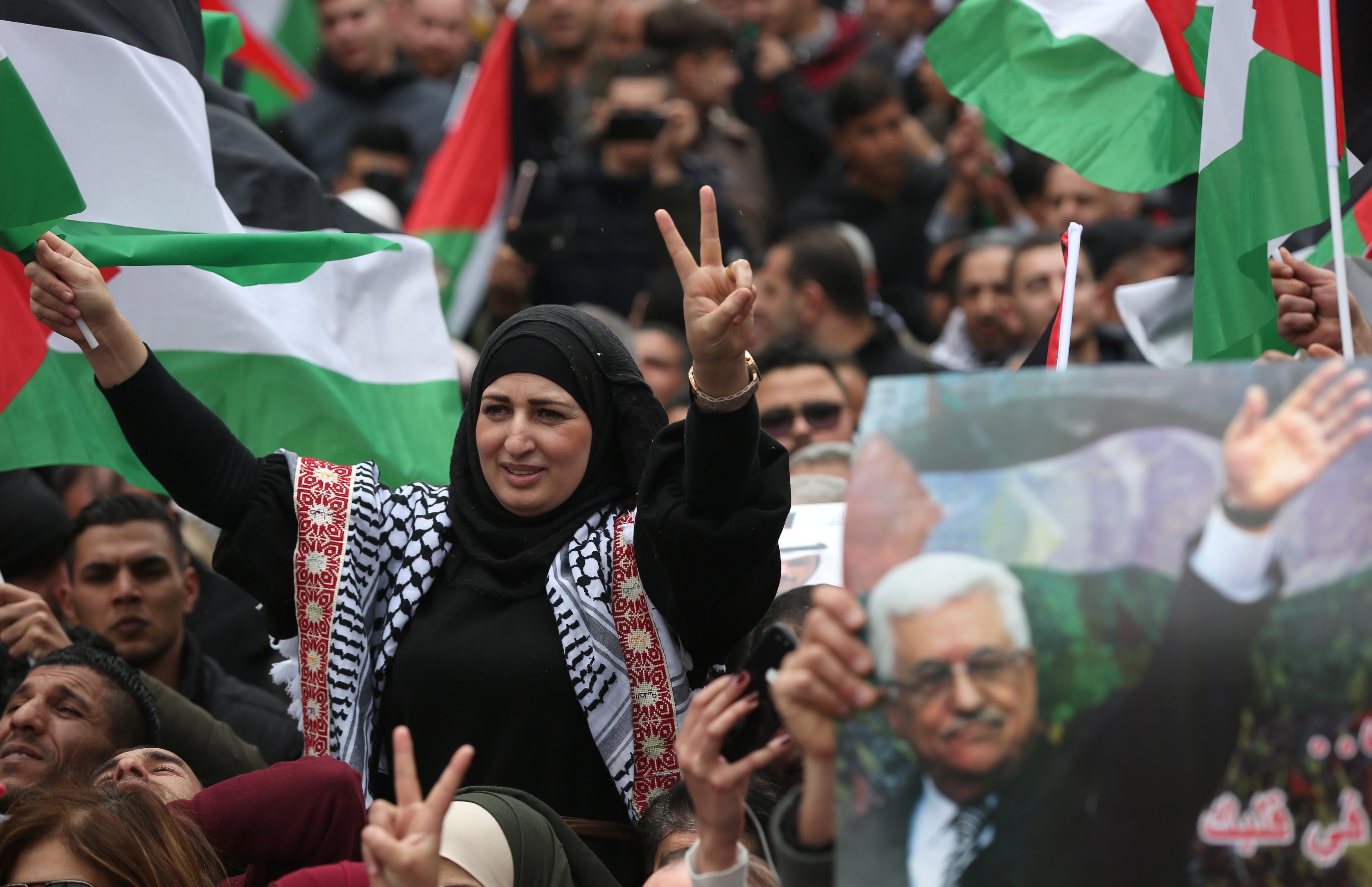 Người dân Palestine tuần hành phản đối kế hoạch hòa bình Trung Đông của Mỹ, tại thành phố Ramallah, Bờ Tây ngày 11/2/2020. (Ảnh: THX/TTXVN)