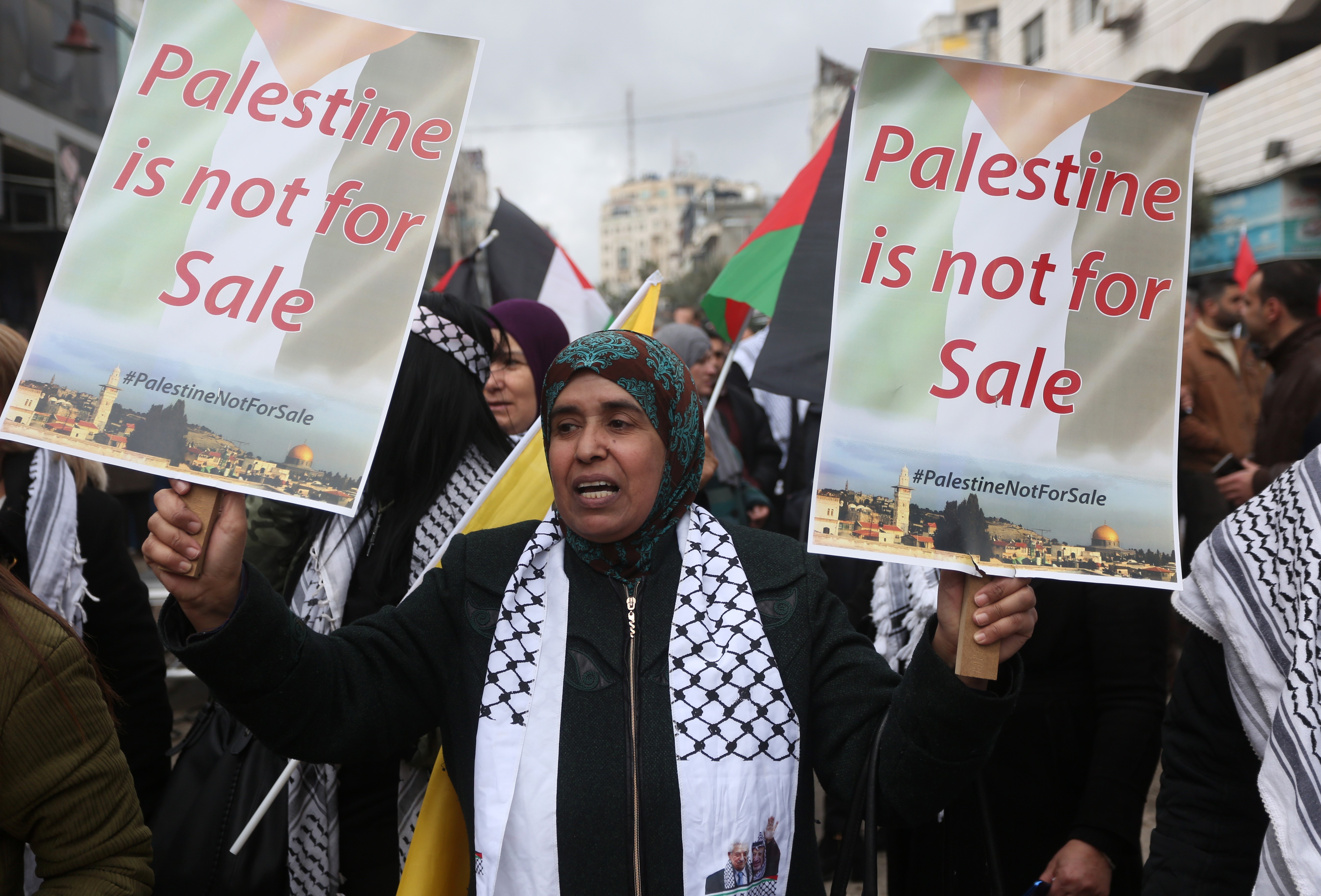 Người dân Palestine tuần hành phản đối kế hoạch hòa bình Trung Đông của Mỹ, tại thành phố Ramallah, Bờ Tây ngày 11/2/2020. (Ảnh: THX/TTXVN)